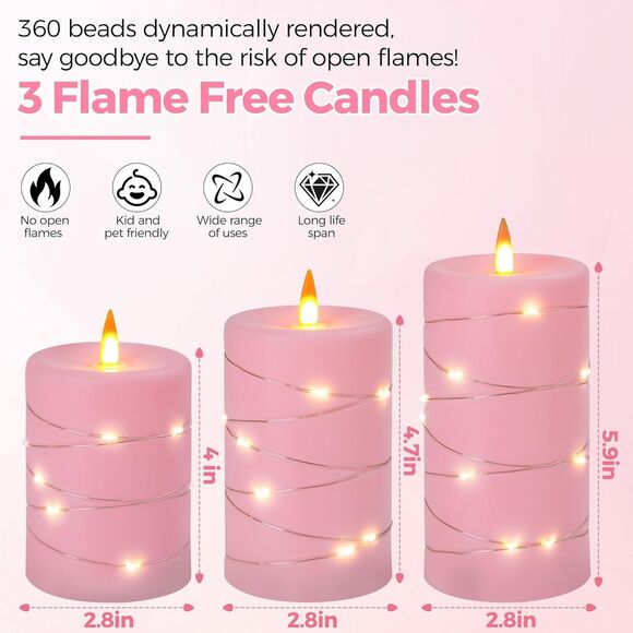 Rose Pink Flameless Candles with String Lights Battery Operated Flickering LED - Picture 5 of 5